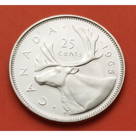 CANADA 25 CENTAVOS 1965 REINA ISABEL II y ALCE KARIBOU KM.62 MONEDA DE PLATA SC- silver coin