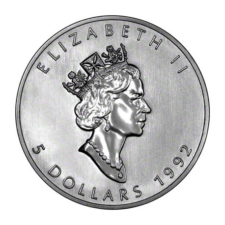 CANADA 5 DOLARES 1992 HOJA DE ARCE MONEDA DE PLATA PURA $5 Dollars Coin 1 ONZA OZ OUNCE MAPLE LEAF cápsula