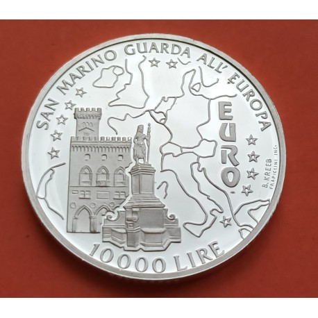 SAN MARINO 10000 LIRAS 1996 GUARDA ALL' EUROPA y CASTILLO KM.342 MONEDA DE PLATA PROOF 10000 Lire silver coin