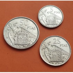 . 3 monedas x ESPAÑA 5 + 25 + 50 PESETAS 1957 * BA BARCELONA EXPOSICION NUMISMATICA NICKEL EBC @RARAS@ Estado Español R/2