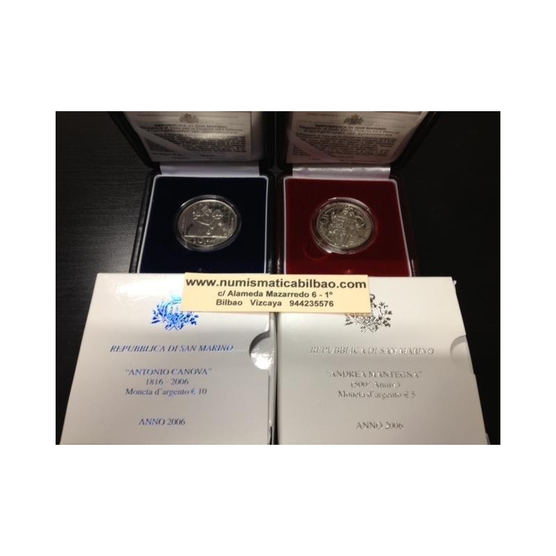 SAN MARINO 5 EURO + 10 EUROS 2006 ANDREA MANTEGNA & ANTONIO CANOVA MONEDAS DE PLATA EN ESTUCHE SILVER PROOF SET