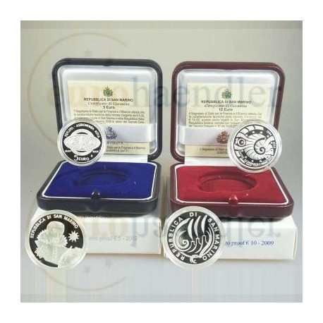 SAN MARINO 5 EUROS + 10 EUROS 2009 KEPLER y X ANIVERSARIO DEL EURO MONEDAS DE PLATA ES ESTUCHE SILVER PROOF COINS