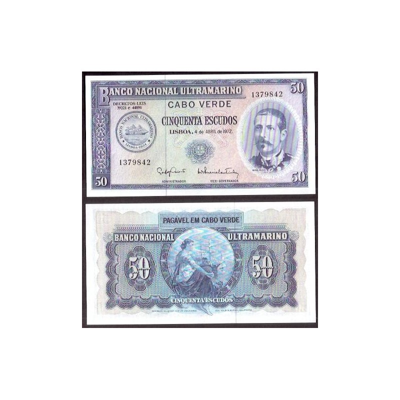 . CABO VERDE 50 ESCUDOS 1972 SERRA PINTO y ALEGORIA FEMENINA EN PUERTO Pick 53 BILLETE SC Portugal Ex Colony UNC BANKNOTE