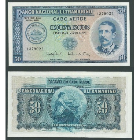 . CABO VERDE 50 ESCUDOS 1972 SERRA PINTO y ALEGORIA FEMENINA EN PUERTO Pick 53 BILLETE SC Portugal Ex Colony UNC BANKNOTE