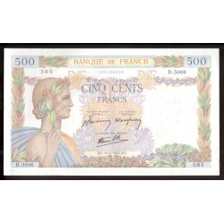 . FRANCIA 500 FRANCOS 1942 DAMAS Tipo LA PAIX - FAYETTE Serie D.5006 Pick 95B BILLETE SC France UNC BANKNOTE