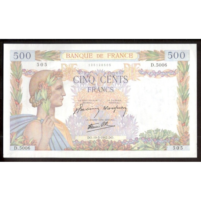 . FRANCIA 500 FRANCOS 1942 DAMAS Tipo LA PAIX - FAYETTE Serie D.5006 Pick 95B BILLETE SC France UNC BANKNOTE