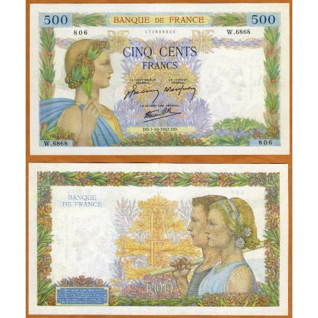 . FRANCIA 500 FRANCOS 1942 DAMAS Tipo LA PAIX - FAYETTE Serie D.5006 Pick 95B BILLETE SC France UNC BANKNOTE