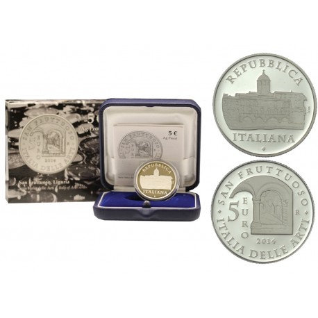 ITALIA 5 EUROS 2014 ABADIA DE SAN FRUTTUOSO KM.373 MONEDA DE PLATA PROOF ESTUCHE y CERTIFICADO