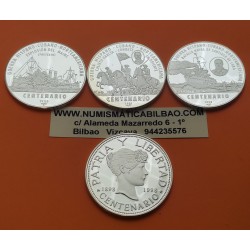 . 4 monedas x 10 PESOS 1998 CENTENARIO GUERRA HISPANO CUBANO NORTEAMERICANA + SOUVENIR PLATA PROOF 1 ONZA Caribe