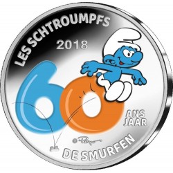 . 1 moneda @COLORES@ BELGICA 5 EUROS 2018 LOS PITUFOS 60 ANIVERSARIO PLATA ESTUCHE Belgium SCHTROUMPFS DE SMURFEN