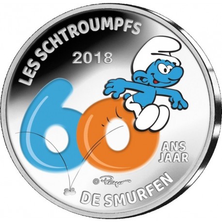 . 1 moneda @COLORES@ BELGICA 5 EUROS 2018 LOS PITUFOS 60 ANIVERSARIO PLATA ESTUCHE Belgium SCHTROUMPFS DE SMURFEN