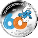 . 1 moneda @COLORES@ BELGICA 5 EUROS 2018 LOS PITUFOS 60 ANIVERSARIO PLATA ESTUCHE Belgium SCHTROUMPFS DE SMURFEN