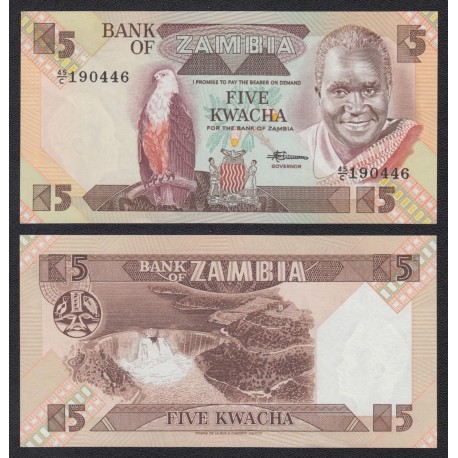 ZAMBIA 5 KWACHA 1980 AGUILA, PRESIDENTE y PRESA HIDRAULICA Pick 25C BILLETE SC Africa UNC BANKNOTE