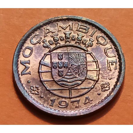 MOZAMBIQUE 20 CENTAVOS 1974 ESCUDO y VALOR KM.75 MONEDA DE BRONCE EBC- República Portuguesa Portugal