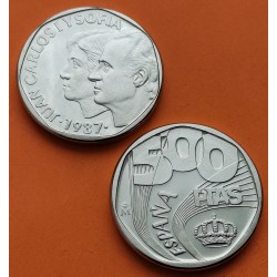 2 monedas x ESPAÑA 500 PESETAS 1987 ACERO SC PRUEBAS FNMT por el XXV ANIVERSARIO DE LA BODA DE LOS REYES