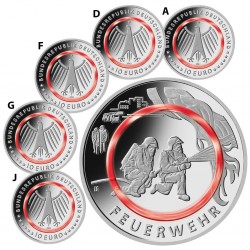 . @PLASTICO 5 Monedas@ @ ALEMANIA 10 EUROS 2023 A+D+F+G+J LOS BOMBEROS SC BIMETALICA NICKEL y PLASTICO