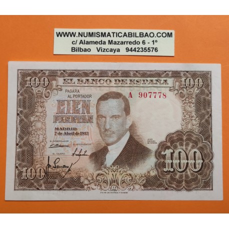 @RARA Serie A@ ESPAÑA 100 PESETAS 1953 JULIO ROMERO DE TORRES Serie A 907778 Pick 145 BILLETE MBC++ Spain banknote