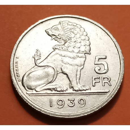 BELGICA 5 FRANCOS 1939 LEÓN KM.117.2 MONEDA DE NICKEL MBC Belgium PRE OCUPACIÓN NAZI III REICH