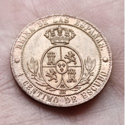 @PRECIOSA@ ESPAÑA REINA ISABEL II 1 CENTIMO DE ESCUDO 1868 OM Ceca de BARCELONA KM.633.4 MONEDA DE COBRE + COLOR ORIGINAL R/2