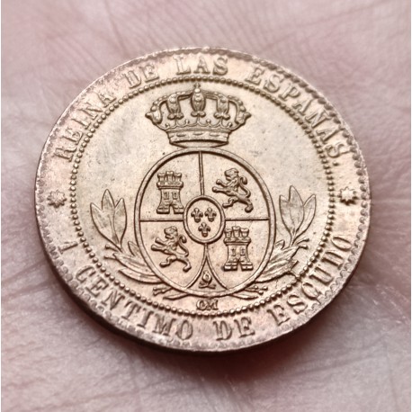 @PRECIOSA@ ESPAÑA REINA ISABEL II 1 CENTIMO DE ESCUDO 1868 OM Ceca de BARCELONA KM.633.4 MONEDA DE COBRE + COLOR ORIGINAL R/2