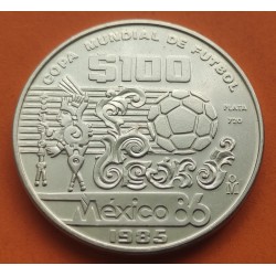 MEXICO 100 PESOS 1985 COPA MUNDIAL DE FUTBOL BALON y ARTE AZTECA KM.499 MONEDA DE PLATA SC Mejico silver 1 ONZA Ley 720