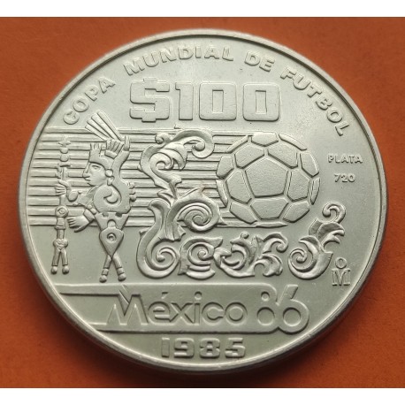 MEXICO 100 PESOS 1985 COPA MUNDIAL DE FUTBOL BALON y ARTE AZTECA KM.499 MONEDA DE PLATA SC Mejico silver 1 ONZA Ley 720