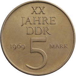 ALEMANIA DEMOCRATICA 5 MARCOS 1969 XX ANIVERSARIO DE LA DDR KM.22 MONEDA DE LATON EBC- Germany DDR RDA Marks