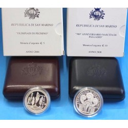 SAN MARINO 5 EUROS +10 EUROS 2008 ANIV.NACIMIENTO + OLIMPIADA DE BEIJING MONEDAS PLATA ESTUCHE PROOF SILVER SET