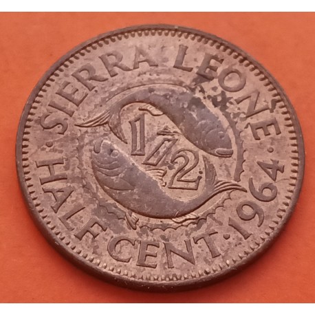 1 moneda x SIERRA LEONA 1/2 CENTAVO 1964 PECES SIR MILTON MARGAI KM.16 BRONCE MBC+/EBC -Leone Half Cent R/2
