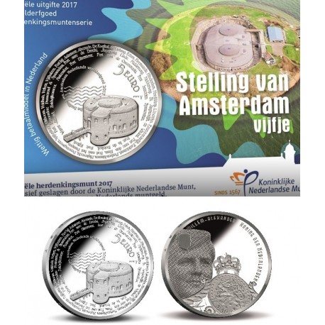 HOLANDA 5 EUROS 2017 LINEA DE LA DEFENSA DE AMSTERDAM y REY GUILLERMO MONEDA SIN CIRCULAR @COINCARD@ The Netherlands