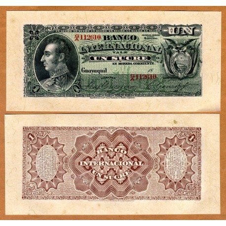 @ESCASO@ ECUADOR 1 SUCRE 1886 a 1894 BANCO INTERNACIONAL GUAYAQUIL Serie FA 091613 Pick S172 BILLETE SC- Imperfecciones y Doblez