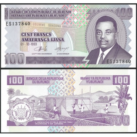 BURUNDI 100 FRANCOS 1993 POBLADO y PRESIDENTE Pick 37A BILLETE SC BANKNOTE UNC 100 Francs Amafaranga