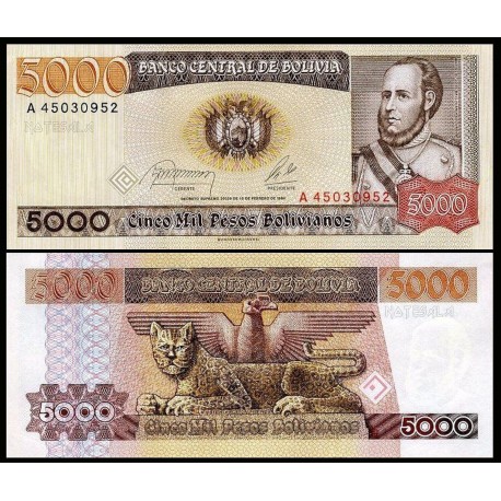 BOLIVIA 5000 PESOS BOLIVIANOS 1984 PRECIOSA ESTATUA DE AGUILA y JAGUAR Pick 168A BILLETE SC UNC BANKNOTE