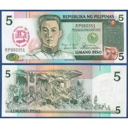 FILIPINAS 5 PISO 1989 EMILIO AGUINALDO Sello en tinta BANCO CENTRAL CONMEMORATIVO Pick 177A BILLETE SC Philippines UNC BANKNOTE