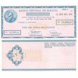 @RARO@ BOLIVIA 10000 PESOS BOLIVIANOS 1984 HERMES BILLETE tipo CHEQUE DE GERENCIA Pick 186 BILLETE SC UNC BANKNOTE
