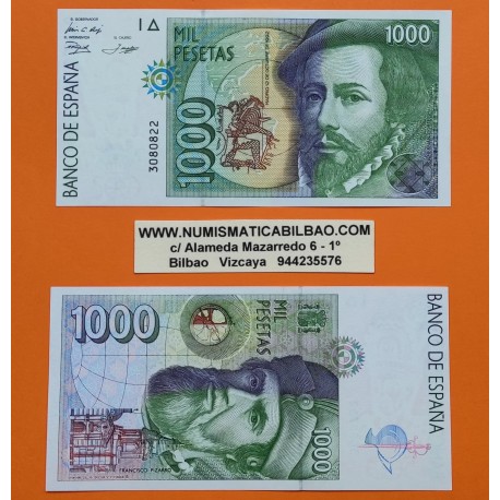 ESPAÑA 1000 PESETAS 1992 HERNAN CORTES y FRANCISCO PIZARRO Sin Serie @Nº DE 7 DIGITO AL AZAR@ Pick 163 BILLETE SC Spain banknote