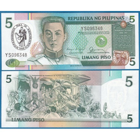 FILIPINAS 5 PISO 1990 EMILIO AGUINALDO Sello en tinta DERECHOS DE LA MUJER Pick 178A BILLETE SC Philippines UNC BANKNOTE