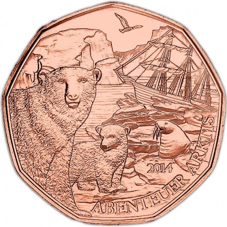 AUSTRIA 5 EUROS 2014 OSO POLAR y CRIA MONEDA DE COBRE SC Österreich euro coin ABENTEUER ARKTIS