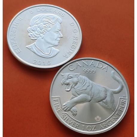 CANADA 5 DOLARES 2016 PUMA Serie PREDATORS MONEDA DE PLATA PURA Imperfecciones $5 Dollars 1 ONZA OZ COUGAR