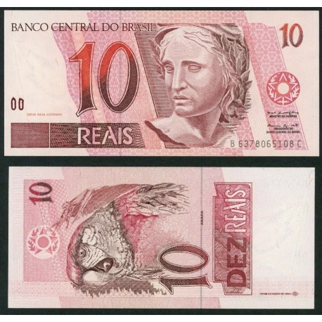 BRASIL 10 REAIS 1999 LORO Serie B9800087781C Pick 245AE BILLETE SC Brazil 10 Reales UNC BANKNOTE