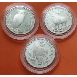 . 3 monedas x RUSIA 1 RUBLO 1993 BUHO + TIGRE + CABRA KM.335 - 336 - 337 PLATA PROOF cápsulas RED BOOK Russia Rouble