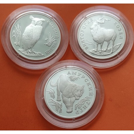 . 3 monedas x RUSIA 1 RUBLO 1993 BUHO + TIGRE + CABRA KM.335 - 336 - 337 PLATA PROOF cápsulas RED BOOK Russia Rouble