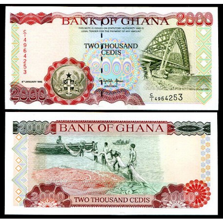 GHANA 2000 CEDIS 2000 PESCADORES RECOGIENDO REDES y PUENTE Pick 33E BILLETE SC Africa UNC BANKNOTE