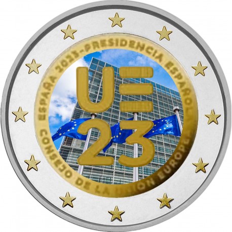 . 1 acoin ESPAÑA 2 EUROS 2023 @COLOR Nº 3@ PRESIDENCIA DE LA UNIÓN EUROPEA SC MONEDA CONMEMORATIVA cápsula