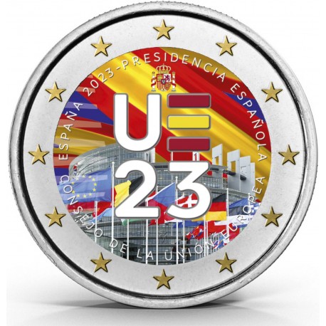 . 1 acoin ESPAÑA 2 EUROS 2023 @COLOR Nº 5@ PRESIDENCIA DE LA UNIÓN EUROPEA SC MONEDA CONMEMORATIVA cápsula