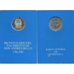 0,73 onzas x VENEZUELA 100 BOLIVARES 1981 ANDRES BELLO KM.57 MONEDA DE PLATA PROOF BLISTER OFICIAL DEL BANCO