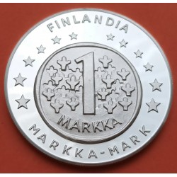 0,96 ONZAS Serie MONEDA UNICA x FINLANDIA 1 MARKKA 2002 MEDALLA DE PLATA PURA UNION EUROPEA PROOF 28,40 grs 41mm