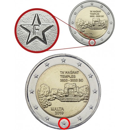 @TIPO 2 - ERROR Letra F@ MALTA 2 EUROS 2019 TEMPLO TA'HAGRAT 1ª MONEDA CONMEMORATIVA 2€ coin VARIANTE DE CECA