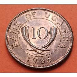UGANDA 10 CENTIMOS 1966 CUERNOS DE ELEFANTE KM.2 MONEDA DE BRONCE SC- Africa 10 Cents BANK OF