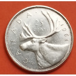 CANADA 25 CENTAVOS 1961 REINA ISABEL II y ALCE KARIBOU KM.62 MONEDA DE PLATA EBC- silver coin
